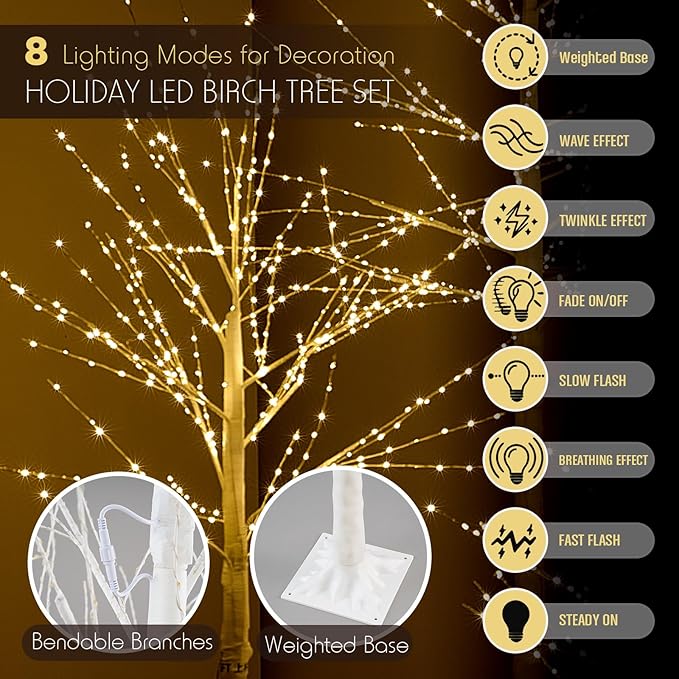 Baquler 1 Pack Lighted Birch Tree - Large Christmas Warm-White LED 8 Mode Light Birch Tree Decoration Set for Thanksgiving Holiday Fall Winter Party Decor, Indoor & Outdoor (9.2 ft)