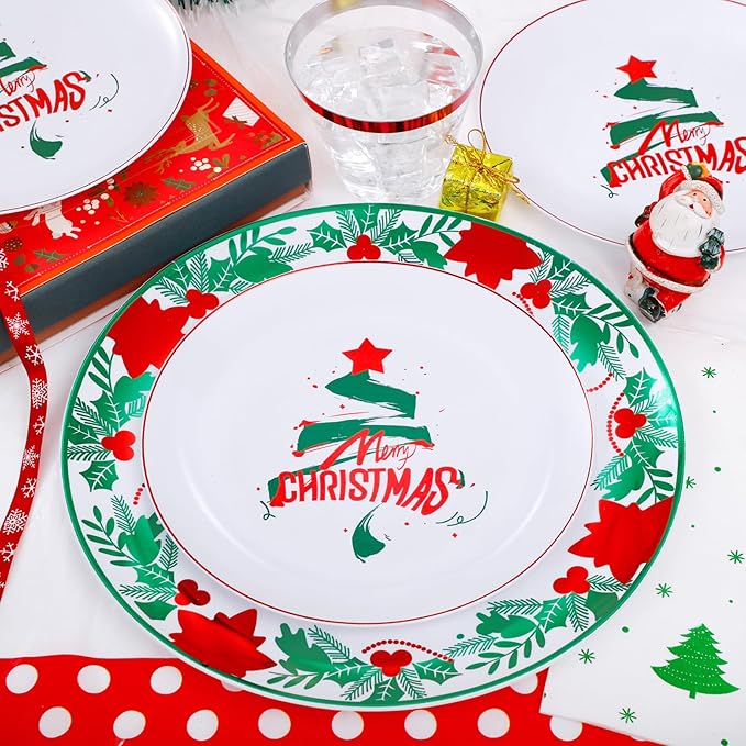 GATHER 176 Pieces Christmas Plastic Plates - Heavy Duty Christmas Disposable Dinnerware Set include 50 Plates, 75 Red Plastic Silverware, 25 Napkins, 25 Cups and 1 Tablecloth for Xmas Party