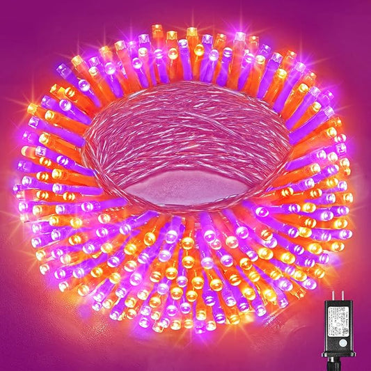 Vivideal 300 LED Christmas Lights Outdoor, 100ft Christmas String Lights Indoor Clear Wire 8 Modes Waterproof Plug in String Light for Tree Party Garden Decorations, Purple&Orange