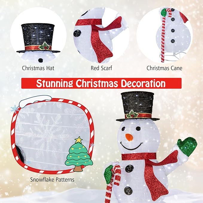 Tangkula 5 FT Pop-up Lighted Christmas Snowman, Large White Pre-lit Christmas Decoration with 180 LED Lights, Hat, Scarf, Indoor Outdoor Xmas Holiday Decor for Party, Yard, Garden, Porch, Lawn