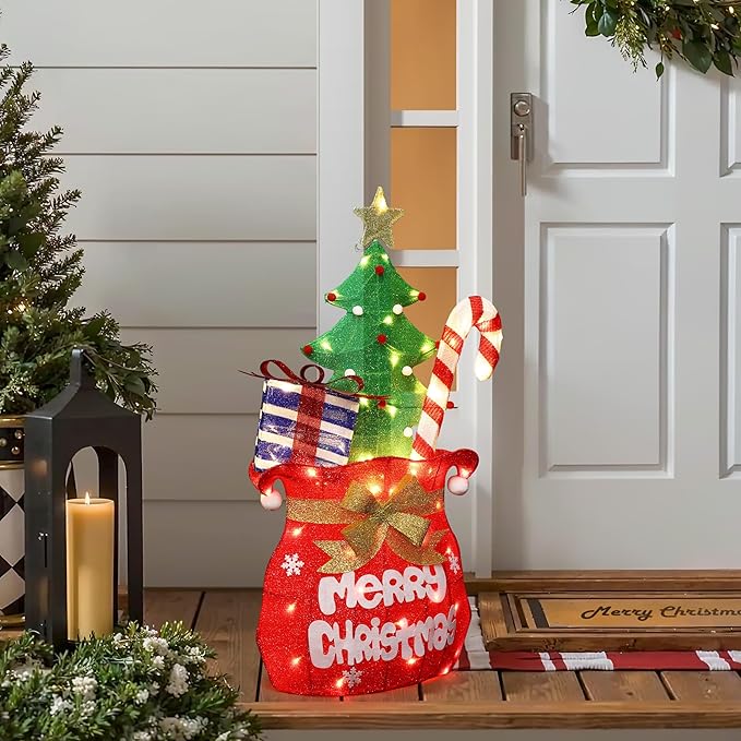 LuxenHome 3.5FT Lighted Christmas Outdoor Decorations, Colorful Santa's Gift Bag Indoor & Outdoor Holiday Yard Decor with 60 LED Lights, Plug-in Xmas Ornament for Holiday, Porch, Lawn, Garden Display