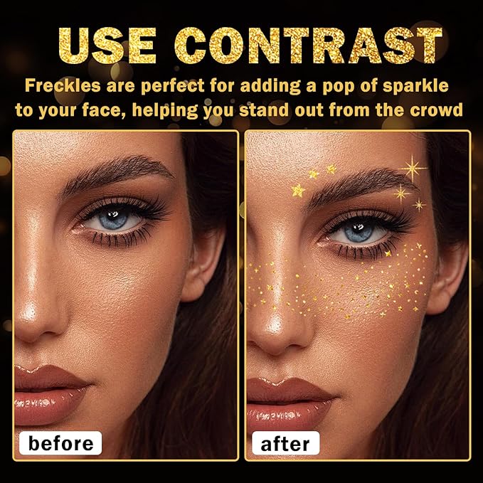 20PCS Glitter Freckles Face Tattoo Gold Freckles Temporary Face Tattoos, Sparkle Freckles Face Glitter Makeup Patches for Halloween Christmas-Gold
