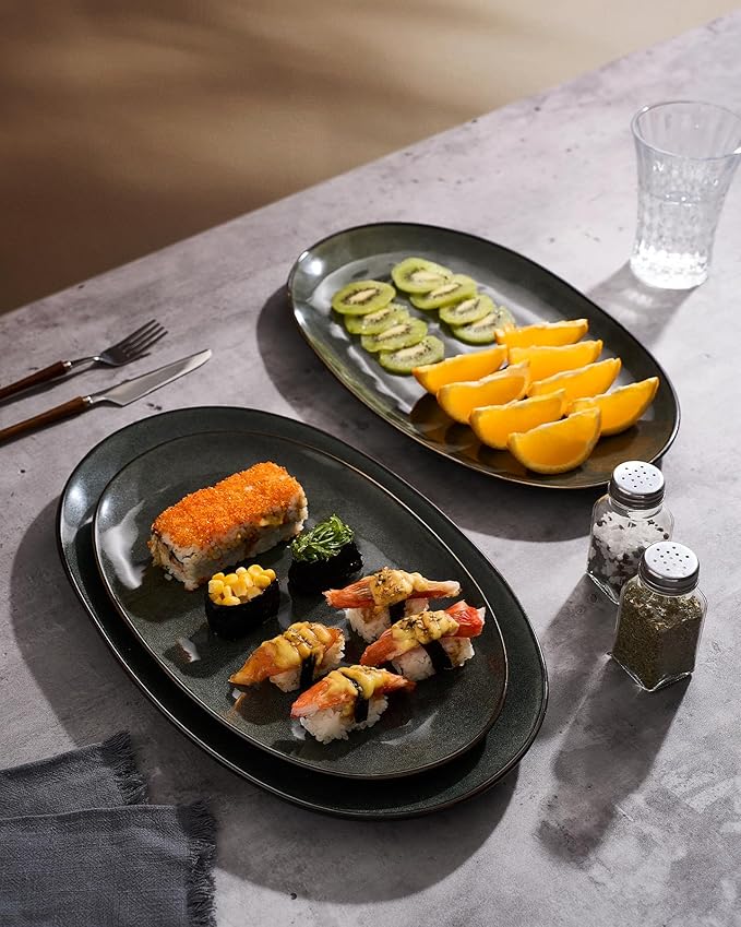 famiware Serving Platter, Oval 15.59/14.3/12.9 inch Serving Dishes for Entertaining, Serving Bowls, Dishwasher Safe, Fine Stonware Serving Trays for Party, Turkey, Cheese, Reactive Glaze, Deep Forest