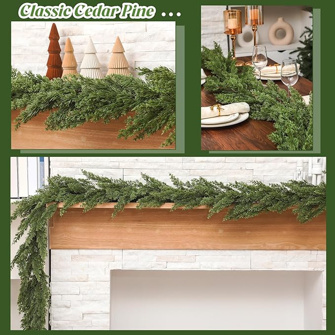 Dingion 1 PCS 9 ft Christmas Cedar Garland - Artificial Realistic Decorations Cedar Pine Needles Faux Garland for Seasonal Holiday Decor - Suitable for Table, Mantel, Stair