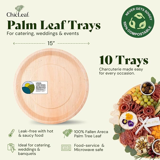Chic Leaf All Natural Compostable & Disposable Rectangular 15" Round Palm Leaf Tray for Parties, Charcuterie Boards, Catering & Weddings - Palm Leaf Platter Party Plates Thanksgiving Dinner (10 pc)