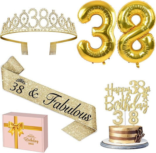 38th Birthday Decorations for Women Gold with 38th Birthday Sash and Tiara, Cake Topper and Candles, Number Balloons, 38 Year Old Gifts for Women