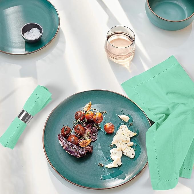 Palisa Cloth Dinner Napkins with Hemstitched Detailing & Mitered Corners Set of 4 (18x18 Inches) Mist Green - Cotton Reusable Dinner Napkins - Perfect for Weddings & Everyday Use