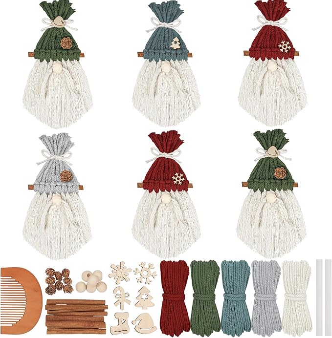6 Set DIY Christmas Macrame Gnomes Santa Claus Kit, Christmas Handmade Knitted Gnome Ornaments with Pinecone Snowflake Cane Hat Hanging Gnomes Craft for Xmas Tree Holiday Party Decor with Instruction