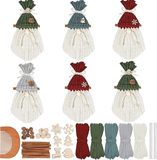6 Set DIY Christmas Macrame Gnomes Santa Claus Kit, Christmas Handmade Knitted Gnome Ornaments with Pinecone Snowflake Cane Hat Hanging Gnomes Craft for Xmas Tree Holiday Party Decor with Instruction