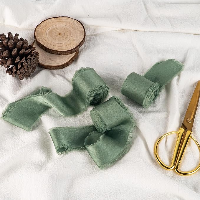 Satin Silk Ribbon, Sage Green Ribbon for Wrapping, 1-1/2 inch x 15 Yd Handmade Frayed Fringe Ribbons, for Wedding Engagement Birthday Showers Craft Flower Bouquet Invitation Decor, 3 Rolls