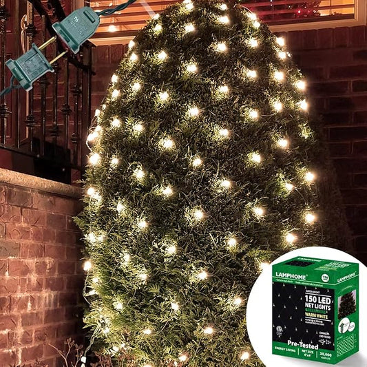 LAMPHOME Led Christmas Net Lights Outdoor Christmas Decorations Lights 150LED 6ftx4ft, Connectable Outdoor Fairy Mesh String Lights for Party, Holiday, Wedding, Tree, Bushes Decorations (Warm White)