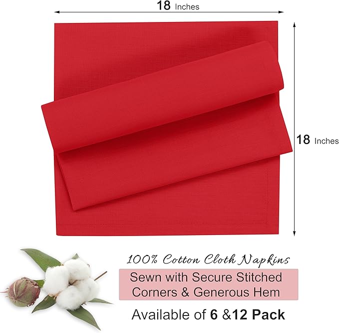 Ruvanti Cloth Napkins Set of 6, 18x18 Inches, 100% Cotton, Washable, Soft & Absorbent, Perfect for Wedding, Christmas, ‎Thanksgiving Dinners - Flame Scarlet