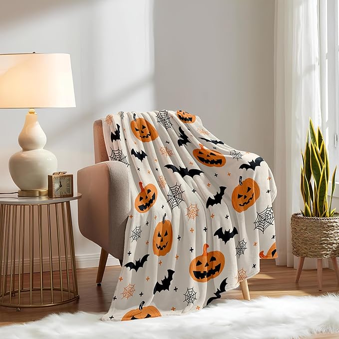 Halloween Flannel Throw Blanket – Ghost, Bat & Pumpkin Pattern – Orange Festive Blanket for Couch or Bed, W50 x L70in