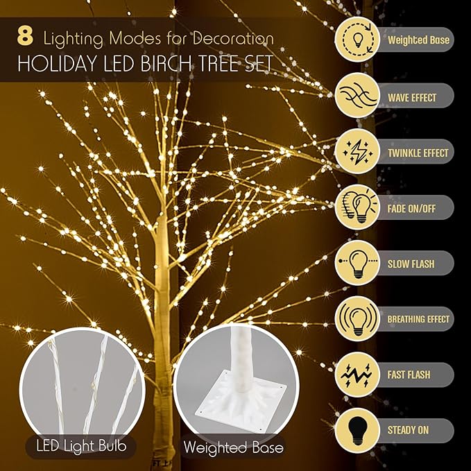 Baquler 2 Pack Lighted Birch Tree - Large Christmas Warm-White LED 8 Mode Light Birch Tree Decoration Set for Thanksgiving Holiday Fall Winter Party Decor, Indoor & Outdoor (8 ft)