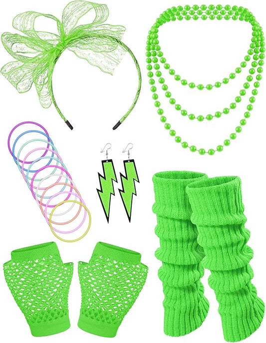 80S Fancy Dress Costume Accessories Headband Errings Fishnet Gloves Necklace Bracelt Leg Warmers Party Outfit Set