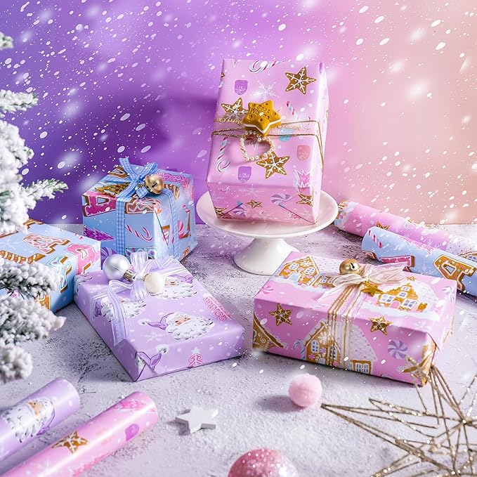 WRAPAHOLIC Christmas Wrapping Paper Set - Pastel Pink Purple Gingerbread House and Santa Wrapping Paper with Embossed Bundle with Gift Bow & Ribbon & Tag & Sticker