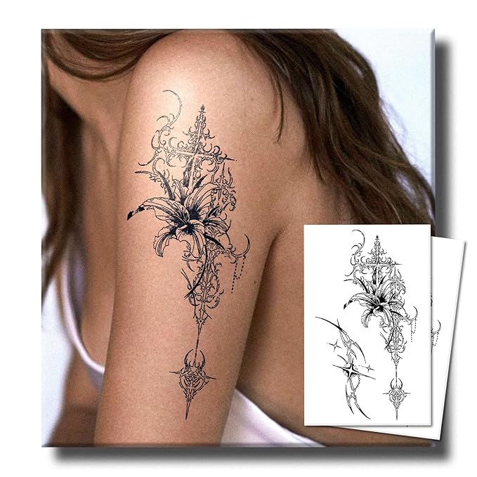 Tattoo Tech, 2 Sheets Lily Design Semi Permanent Tattoo, Black Realistic Temporary Tattoo for Women Adults, Lasts 7-15 Days Arm Shoulder Fake Tattoo Stickers, Waterproof & Non-Reflective