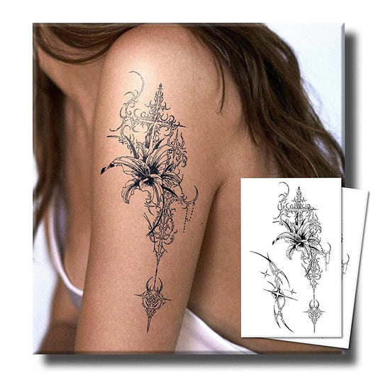 Tattoo Tech, 2 Sheets Lily Design Semi Permanent Tattoo, Black Realistic Temporary Tattoo for Women Adults, Lasts 7-15 Days Arm Shoulder Fake Tattoo Stickers, Waterproof & Non-Reflective
