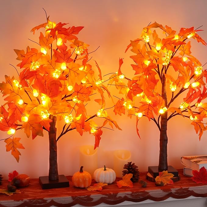 2 Pack 24 Inch Artificial Lighted Fall Maple Tree Thanksgiving Decorations with 48 LEDs Battery Operated Timer Prelit Acorn Maple Tree Lights for Thanksgiving Table Decor Home Indoor Autumn Harvest