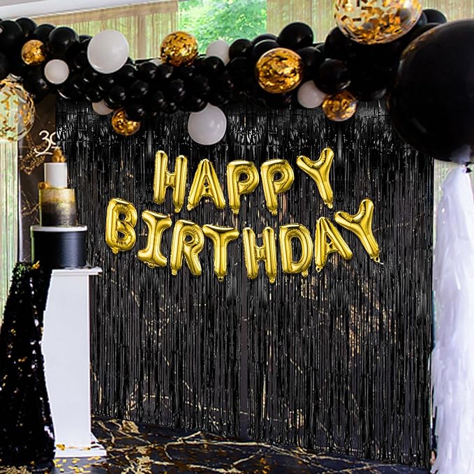 2 Pack Black Party Streamers Backdrop Tinsel Foil Fringe Curtains Halloween Party Decorations Birthday Wednesday Twilight Party Decorations Graduation Wizard Party Supplies