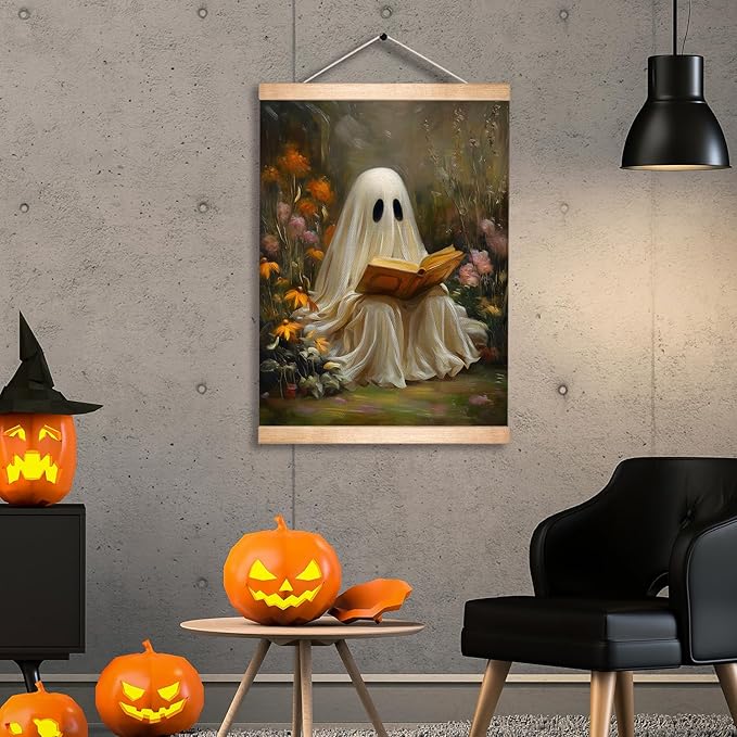 Rustic Ghost is Reading a Book Wall Art 18.5x14 Inch,Fun Ghost Linen Canvas Wall Hanging Poster Decor, Retro Gothic Haunted House Theme Wall Poster for Library Reading Corner,Halloween Decorations (BLK07)