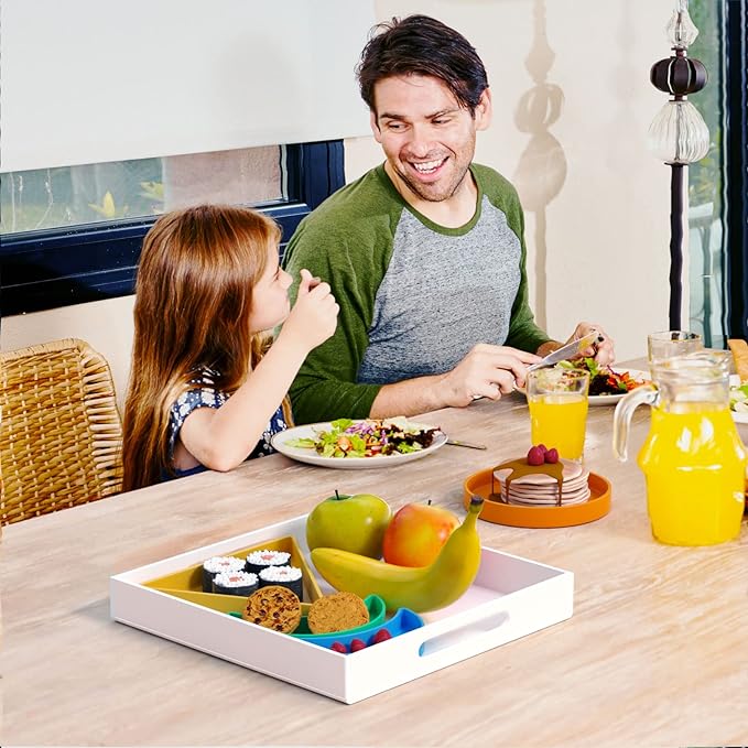 NIUBEE Acrylic Serving Tray 12x12 Inches -Spill Proof- White Decorative Tray Organiser for Ottoman Coffee Table Countertop with Handles