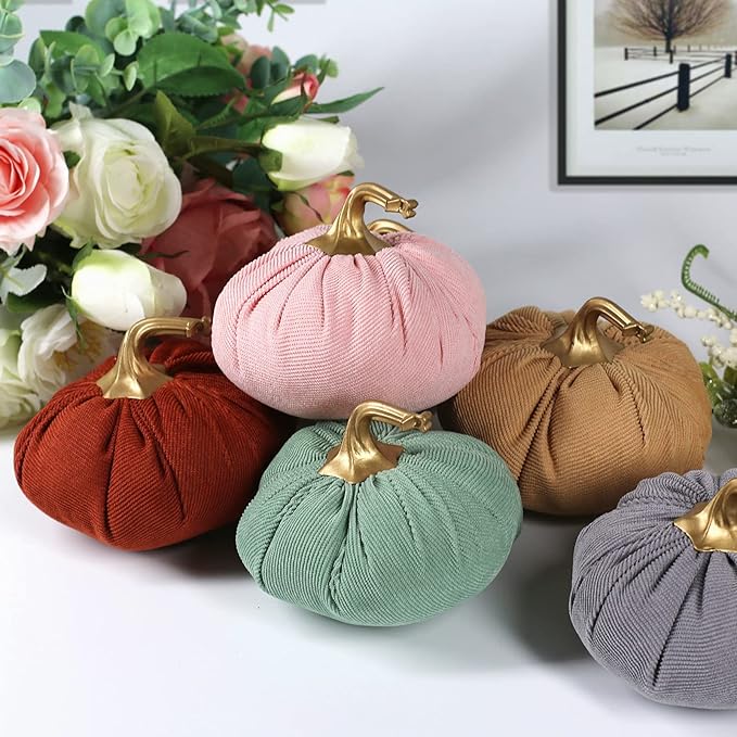 Ogrmar 6 Pack Fabric Artificial Pumpkins Set Corduroy Fabric Decoration Pumpkins Lifelike Harvest Pumpkins for Halloween Fall Harvest Festival, Thanksgiving Decoration