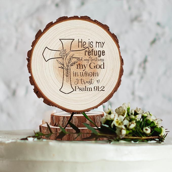 Rustic Wedding Cake Topper with Bible Verse Religious Country Rustic Happy Birthday Cake Topper Christian Gifts for Men Women Faith Engraved Cake Toppers Mr Mrs Party Cake Supplies