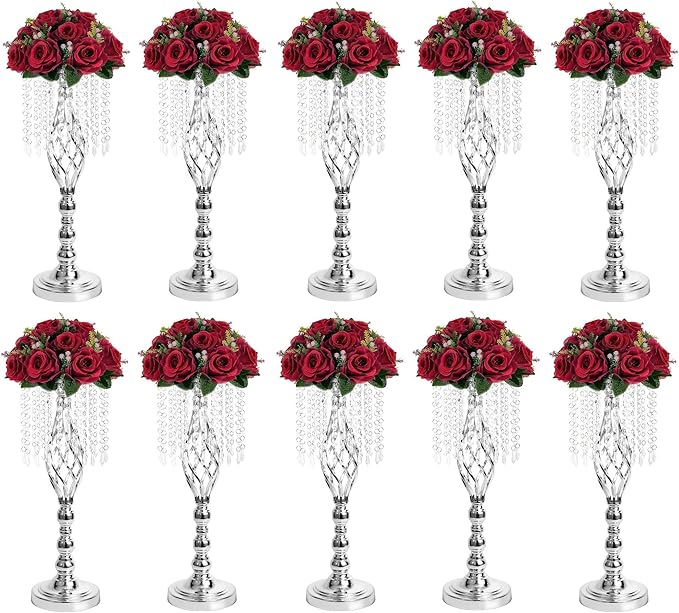 Metal Flower Stands with Crystal Beads, Wedding Centerpieces for Table Decorations, Elegant Metal Flower Arrangement Stands, Flower Vases for Wedding Party Celebration Home Decor (Silver-10pcs)