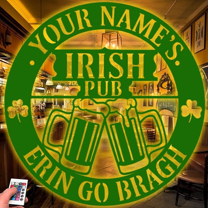 Rustic Irish Bar Metal Sign - Custom Pub Wall Art with LED Lights, Personalized Tavern Decor for Home Bar, Man Cave, St. Patrick’s Day Decorations & Gifts for Dad, Beer Lovers