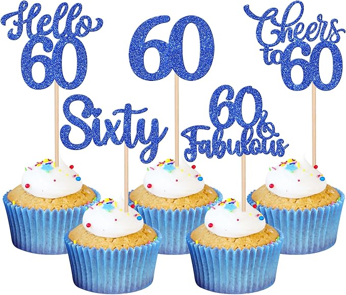 30PCS Happy 60th Birthday Cupcake Toppers Glitter Hello 60 Fabulous Sixty Cheers to 60 Years Old Birthday Cupcake Picks for Happy 60th Birthday Anniversary Party Cake Decorations Supplies Blue