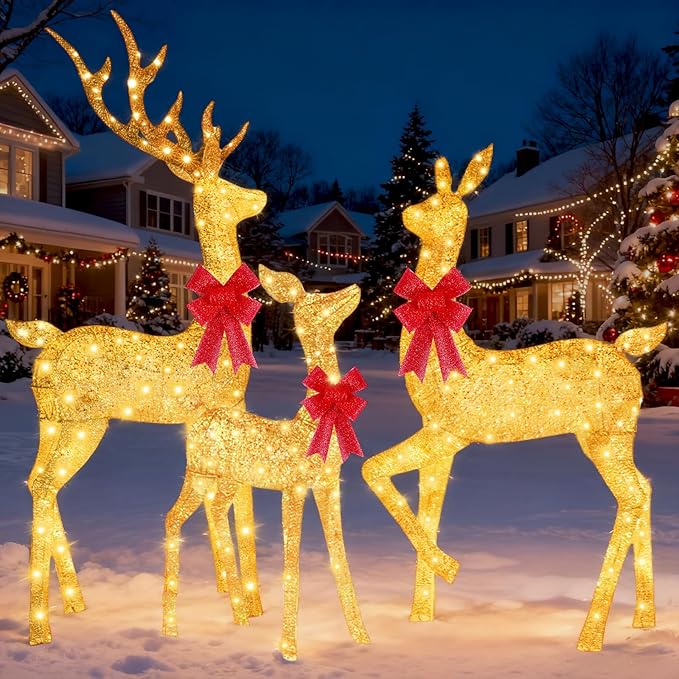 3-Piece Reindeer Outdoor Christmas Decoration, 6.7FT Large Lighted Christmas Deer Family Set, Outdoor Reindeer Xmas Decorations Yard with 400 LED Lights, Stakes, Zip Ties - Gradient Gold