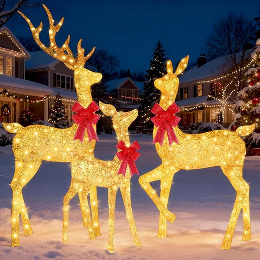 3-Piece Reindeer Outdoor Christmas Decoration, 6.7FT Large Lighted Christmas Deer Family Set, Outdoor Reindeer Xmas Decorations Yard with 400 LED Lights, Stakes, Zip Ties - Gradient Gold