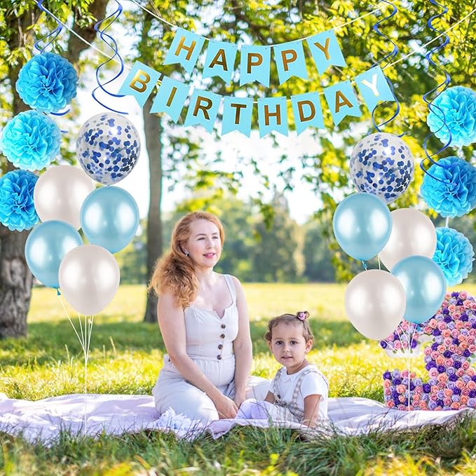 Blue White Birthday Party Decoration Kit - Happy Birthday Banner, Spiral Charm, Paper Flower Ball, Latex Balloons and Confetti for Boys' Party Supplies