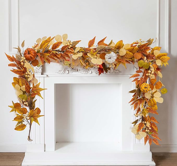 Thanksgiving Decorations - Clycaloor 6.8FT Fall Garland Maple Leaf, Artificial Autumn Hanging Vine Garland Thanksgiving Decor for Home Wedding Fireplace Party Christmas Halloween