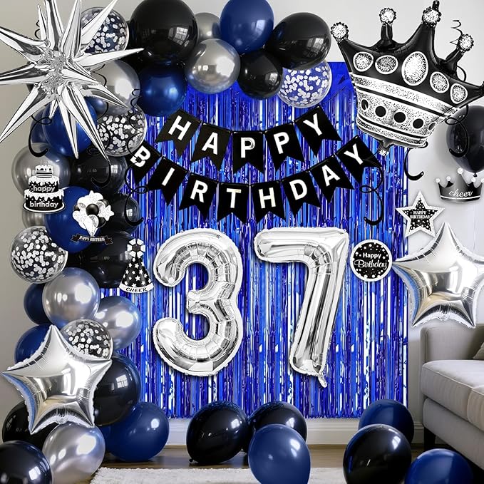 37th Birthday Decorations for Men and Women, Black Blue Silver Happy Birthday Number 37 Balloons, Banner, Fringe Curtains Garland Kit - 37 Year Old Party Supplies