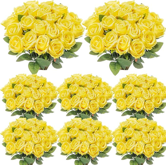 Hotop 80 Pcs Rose Artificial Flowers Bulk with Long Stem, Silk Roses Realistic Fake Flowers Bouquet for Wedding Table Centerpieces Bridal Shower Party Home Decorations(Yellow)