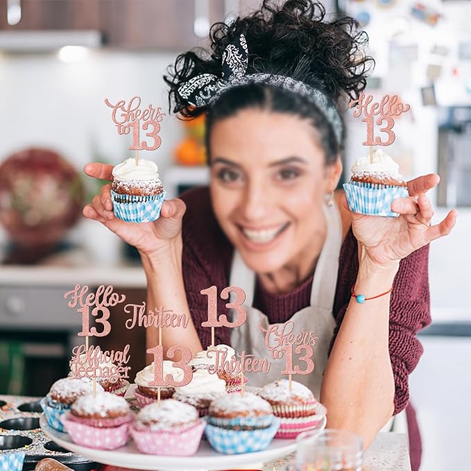 30PCS Happy 13th Birthday Cupcake Toppers Glitter Thirteen Official Teenager Hello 13 Cupcake Picks Cheers to 13 Birthday Decorations for 13th Birthday Anniversary Party Cake Decor Supplies Rose Gold