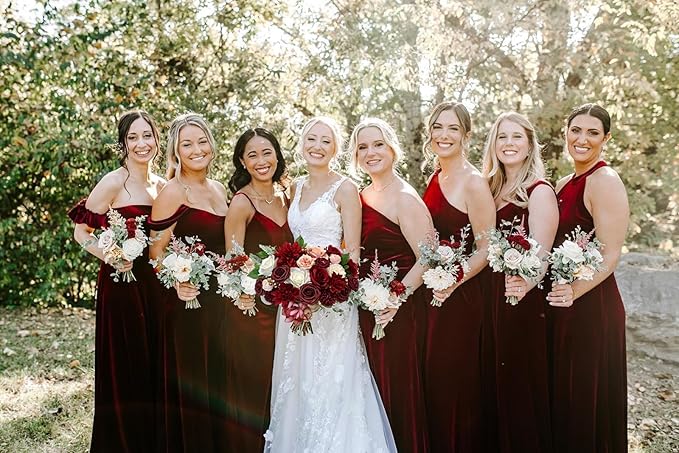 Roses Artificial Flowers Red Bouquet Box Set Fake Flower for DIY Bridal Wedding Shower Decorations Centerpieces for Table Faux Silk Floral Arrangement for Party Home Decor Indoor Burgundy