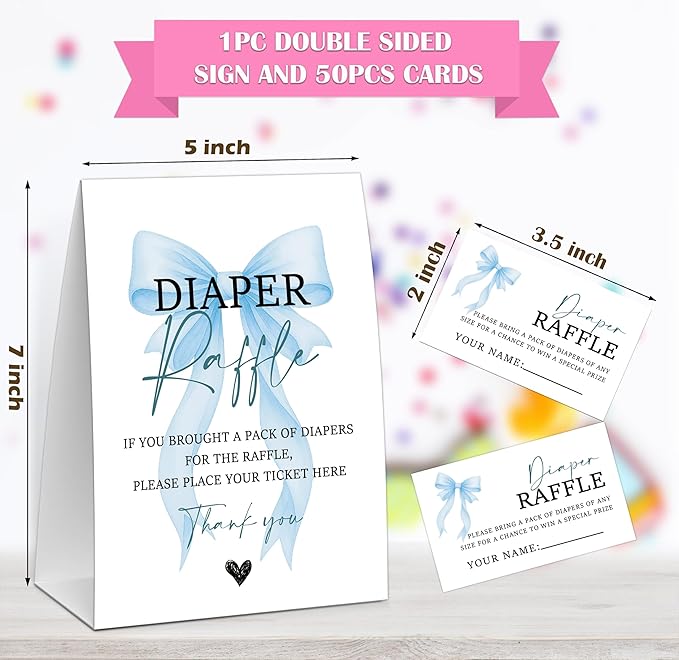 Blue Bow Baby Shower Diaper Raffle, Baby Shower Game, Include One 5×7 Sign and 50 Diaper Raffle Tickets, Blue Coquette Bow Gender Reveal Party Decoration Supplies - FG18