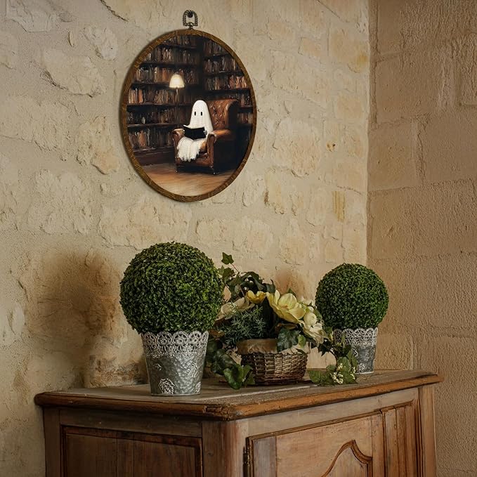 Funny Halloween Ghost Round Wall Art,Gothic Canvas Wall Hanging Decor, Spooky Farmhouse Vintage Round Wall Art for Bedroom Living Room Entryway, Rustic Ghost Gothic Wall Decor,Gift for Halloween 10x10Inch (Dark-Ghost01)
