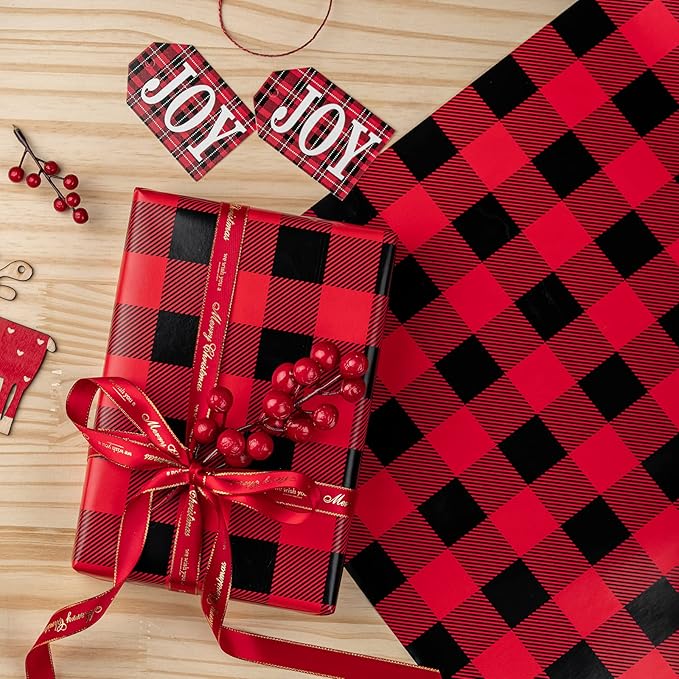 WRAPAHOLIC 30 Inch Jumbo Reversible Plaid Christmas Wrapping Paper - 30 Inch x 33 Feet - Black and Red Plaid Wrapping Paper for Christmas, Birthday, Wedding, Baby Shower, Holiday
