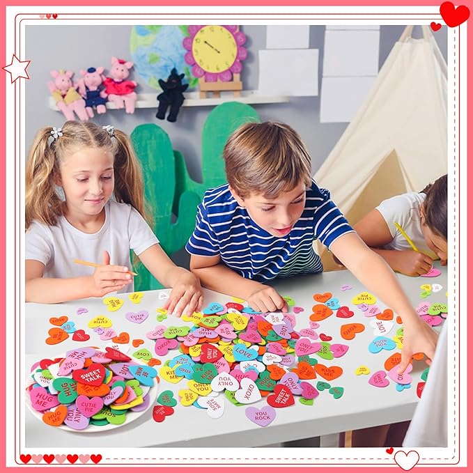 JULBEAR 300 Pcs Valentine's Day Conversation Heart Foam Stickers Self-Adhesive Colorful Mixed Foam Stickers for Kids Party Valentine's Day Wedding DIY Crafts Favor Supplies Home Decorations