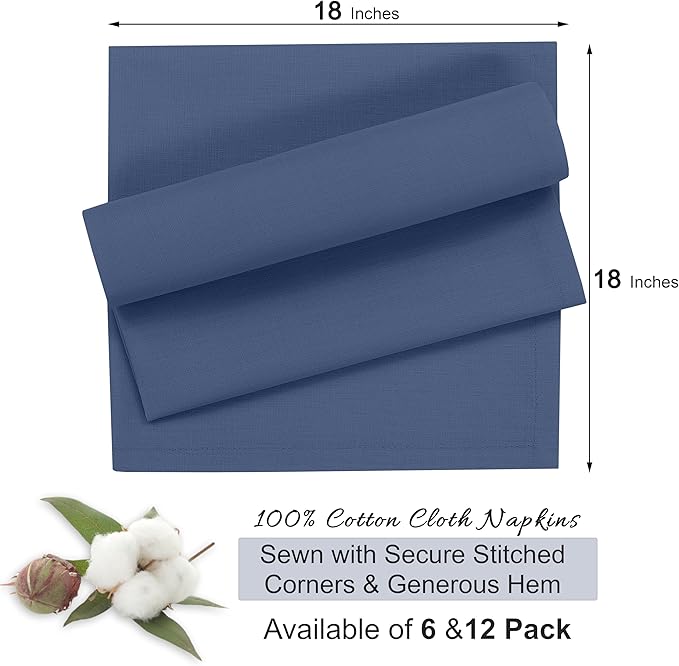 Ruvanti Cloth Napkins Set of 6, 18x18 Inches, 100% Cotton, Washable, Soft & Absorbent, Perfect for Wedding, Christmas, ‎Thanksgiving Dinners - Bijou Blue
