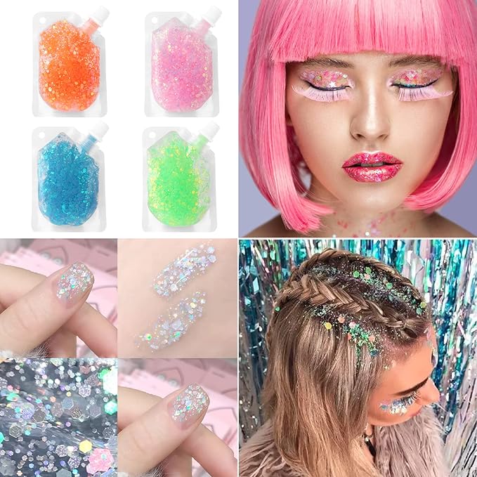 MEICOLY Glow in The Dark Body Face Glitter Gel,Luminous Halloween Sequins Chunky Glitter, Self-Adhesive Neon UV Blacklight Glitter for Body Face Hair Festival Sparkling Body Glitter for Women,Blue