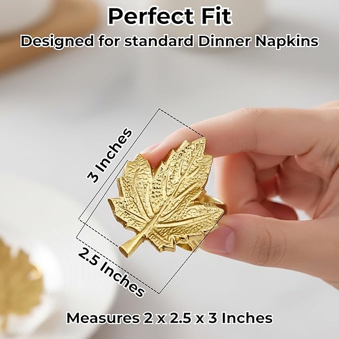 Set of 12 Maple Leaf Napkin Rings - Handcrafted Aluminum Napkin Holders for Cloth & Paper Napkins, Elegant Table Décor for Weddings, Thanksgiving, Christmas & Holiday Parties (Gold) - CLEENTABLE
