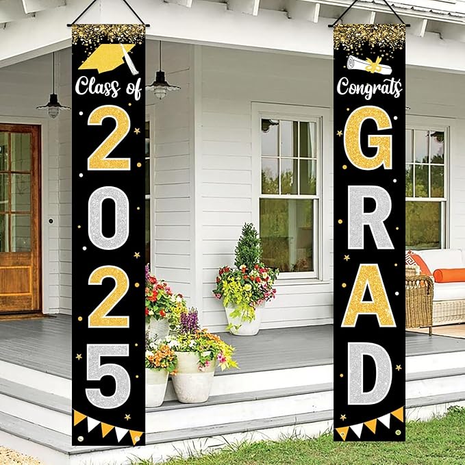 Graduation Decorations 2025 GRAD Banner Black Porch Door Sign Welcome Banner For Indoor Outdoor Wall Graduation Decorations Class of 2025