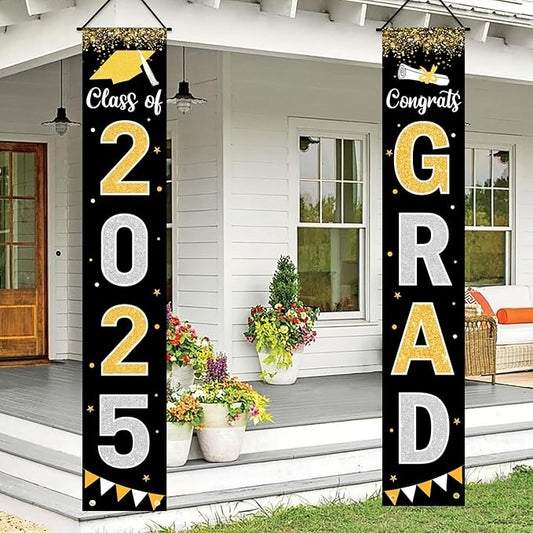 Graduation Decorations 2025 GRAD Banner Black Porch Door Sign Welcome Banner For Indoor Outdoor Wall Graduation Decorations Class of 2025