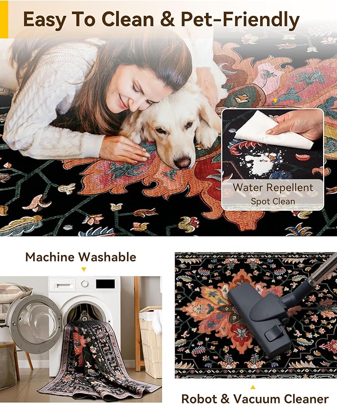 Area Rugs 2'x6' Washable Non-Slip, Floral Vintage Distress Print Pattern Medallion Carpet for Living Room Bedroom Dining Room, Black Colorful Floral Dark Tan