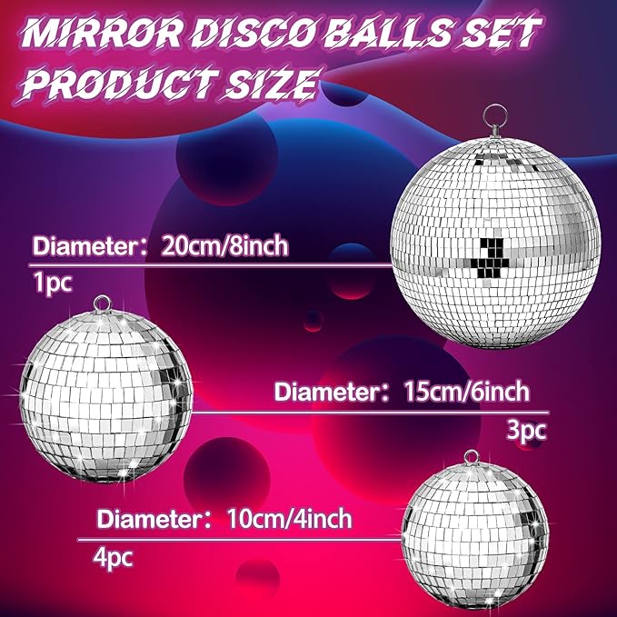 Haull 8 Pcs Large Disco Ball Set Silver Mirror Disco Reflective Ball with Hanging Ring Party Ornament Decoration for Stage Club Ballroom Dance Hall Wedding Prom Props(8'', 6'', 4'')